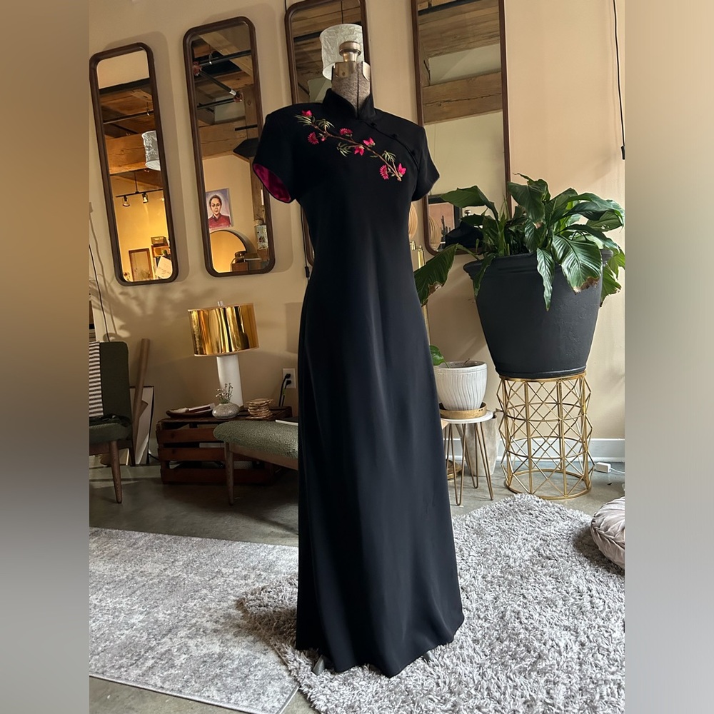 Vintage Qi Pao inspired Black and Pink Embellished Maxi Dress with Cap Sleeves